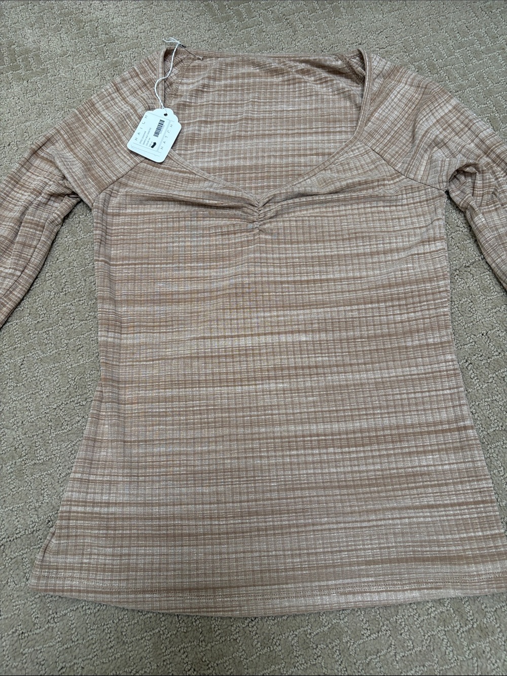 Hatch Ribbed v-Neck 3/4 Sleeve Top beige Cream Stripes XS s new NWT maternity